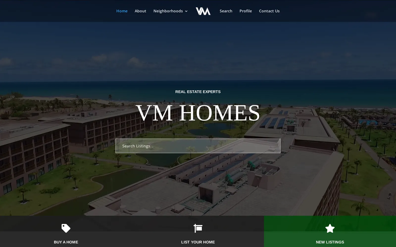 VM Homes homepage: "Real Estate Experts" over a Gulf-front aerial with a property search bar